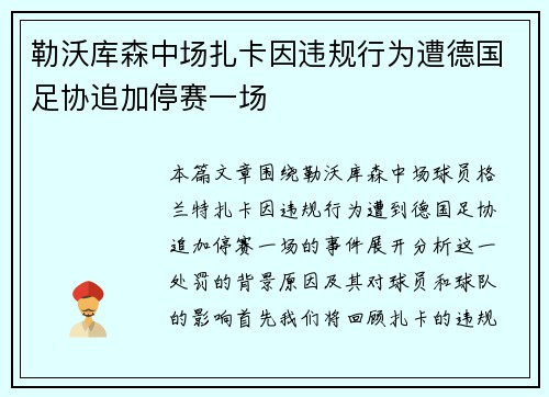 勒沃库森中场扎卡因违规行为遭德国足协追加停赛一场